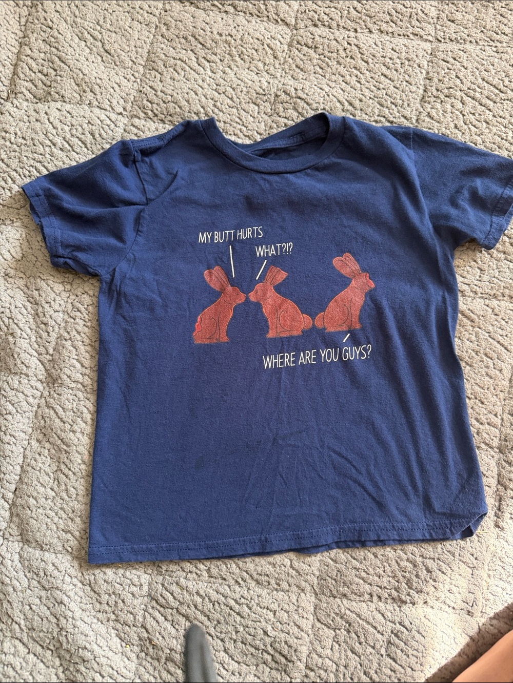 Funny Navy Kids Graphic Tee with chocolate Bunnies - Cute Conversation Print